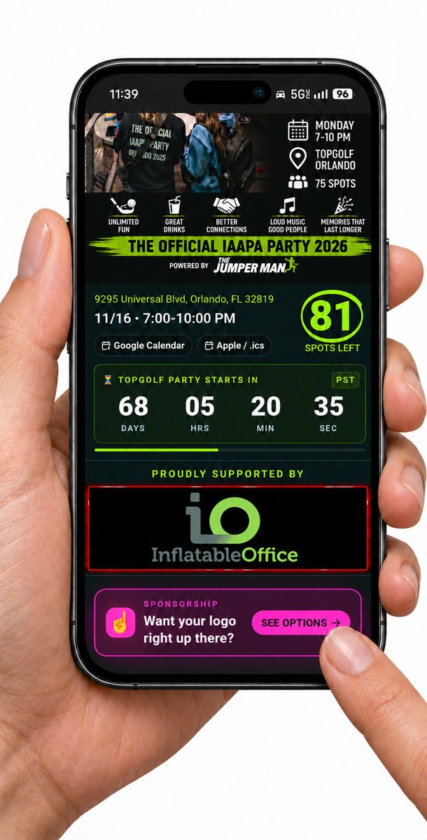 Phone in hand showing The Jumper Man Party home page with the countdown, spots left and the Inflatable Office sponsor logo under Proudly Supported By