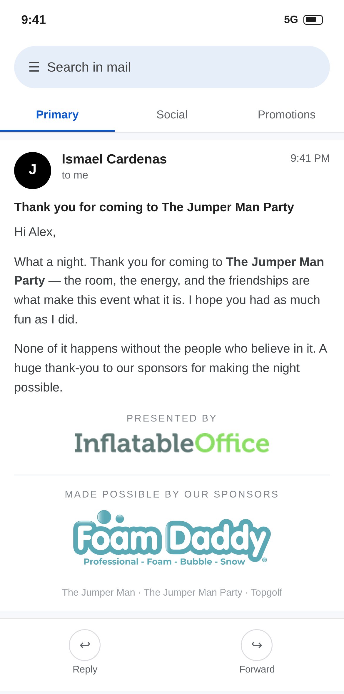 Thank-you-for-coming email on a phone featuring the sponsor logo again